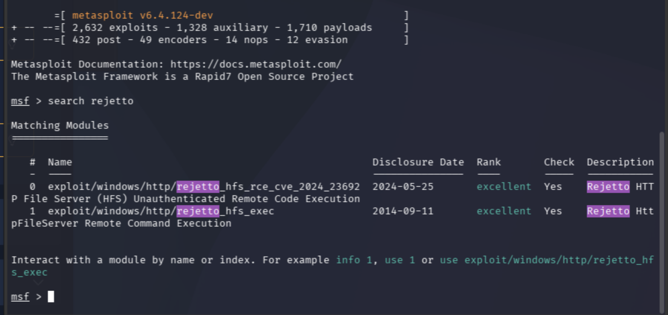 Metasploit search rejetto returning available modules